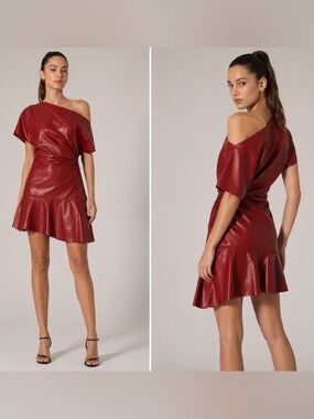 NWT ZARA Limited Edition Draped Asymmetric Leather Mini Dress in Red Sz XS